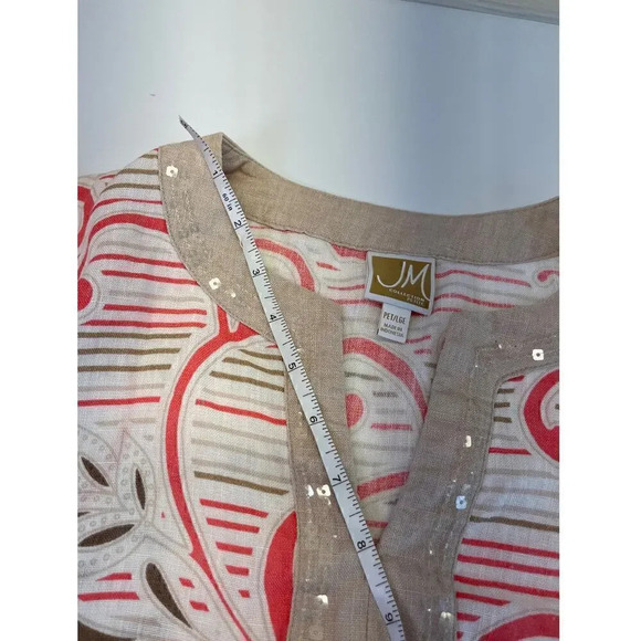 JM Collection Petite Womens L Cream Paisley V Neck  Linen Blouse - Picture 6 of 10